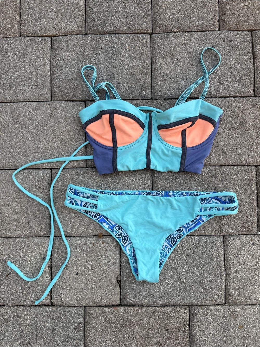 Maaji Two-Piece Bikini Set in Aqua, Peach & Navy
